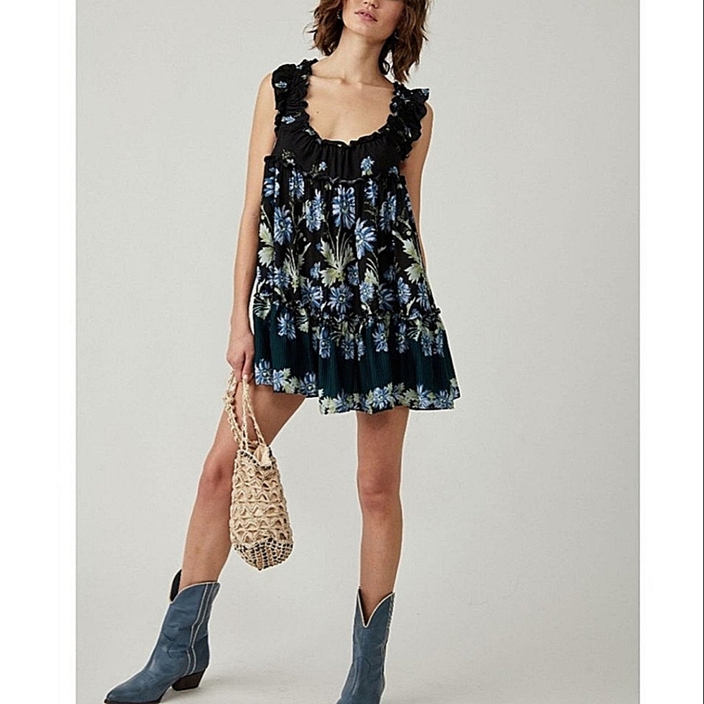 Free People Black and Blue Floral Mini Dress